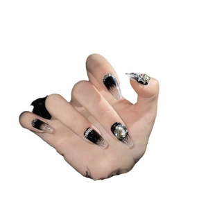 Gothic dark spider handmade press-on nails with black gradient and 3D rhinestone accents