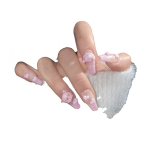 French style 3D cartoon pig press-on nails with pink gradient and heart charms