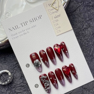 Handgemachte Dunkelrubinrot Künstliche Fingernägel Mit Silber Drache Herz Rose Dekoration Gothic Luxuriöse Katzenauge Lange Mandelform Damen