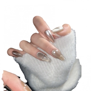Champagne silver cat eye press-on nails in long ballerina shape with metallic mirror finish