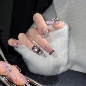 Luxury long ballet press-on nails with purple crystal gems and silver cross accents