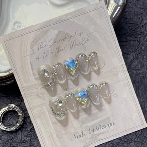 Handmade Almond Cat Eye Press On Nails With Heart Rhinestone Star Decor Luxury Glitter Elegant Fake Nails For Women Party