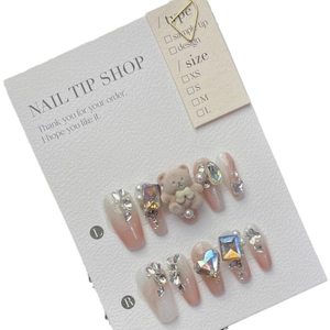 Pink and white gradient handmade press-on nails with 3D flocking bear and rhinestones