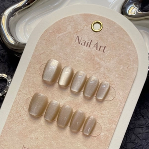 Cat Eye Shimmer Press On Nails Short Square Round Champagne Gold Glossy Fake Nails For Women Daily Manicure Nail Art Decoration