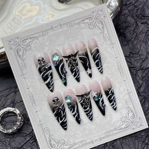Handmade Gothic Punk Stiletto Press On Nails Long Black Pink Gradient 3D Silver Skull Star Rhinestone Dark Style Fake Nails
