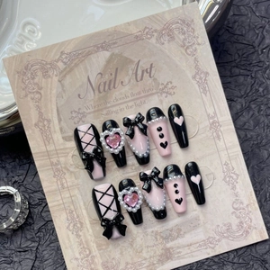 Handmade black and pink coffin press-on nails with 3D bows, pearls, and heart rhinestones