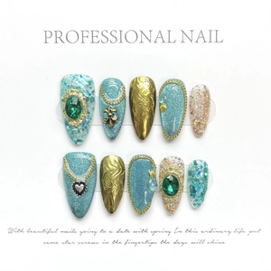 Handmade Exotic Emerald Green Press On Nails Retro Luxury Jewelry Style Alloy Inlaid Rhinestone False Nails For Women Party