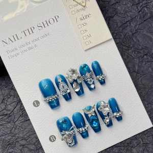 Handmade Luxury Sapphire Blue Cat Eye Press On Nails With 3D Rhinestone Bow Star Artificial Pearl Decor High End Fake Nails For Women