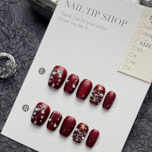 Faux Ongles à Presser Faits Main Rouge Vin Oeil de Chat Avec Künstliche Perle Étoile Or Style de Noël 10Pièces Réutilisables Femme