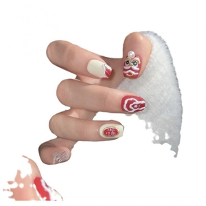 Chinese New Year lion dance press-on nails with red and white festive 3D pearl patterns