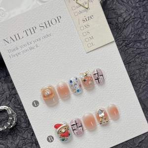 Handmade Christmas nail set with 3D bears, pink blush gradient and tweed pattern