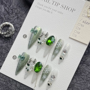 Christmas handmade long stiletto press-on nails with green cat eye and pearl accents