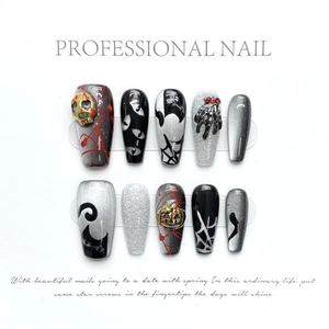 Handgefertigt Halloween Künstliche Fingernägel Dunkle Gotik Totenkopf Spinnennetz Design Long Coffin Damen Party Dekoration