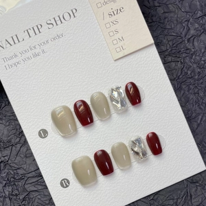 Handmade Press On Nails Rose Gold Wine Red Cat Eye Short Square Fake Nails With Rhinestone Fashion Nail Art For Women
