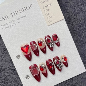 Handgefertigt Luxuriös Künstliche Nägel Zum Aufkleben Stiletto Mandel Weinrot Brautstil Harz Strass Maniküre Mit Dekorativem Zubehör Für Damen Hochzeit Party