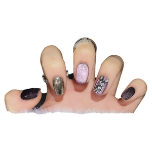 Handmade press-on nails set featuring purple cat eye design and 3D silver bunny decor