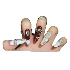 Luxury tweed press-on nails with red accents, 3D bows, pearls, and crystals for women
