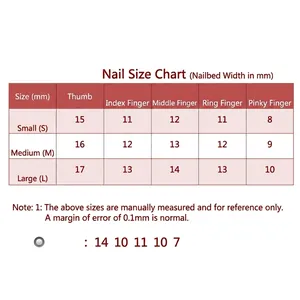 Detailed size chart for press-on nails including XS, S, M, L dimensions in millimeters