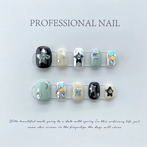 Y2K star style handmade press-on nails set in pink blue and metallic silver