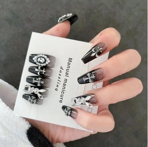 Handmade black gradient coffin press-on nails with 3D metal gothic cross and pearls