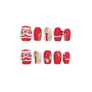 Handmade Chinese New Year red press-on nails featuring 3D lion dance and pearl details
