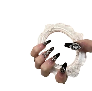 Handmade black baroque press-on nails with silver gothic cross and vintage 3D charms