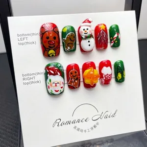Handmade 3D Christmas Press On Nails Santa Snowman Reindeer Design Red Green Fake Nails For Women Holiday Party Manicure
