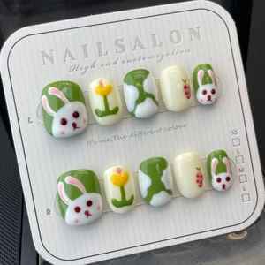 Handmade Cute Rabbit Press On Nails Green White Short Square Glossy Manicure Set For Women Decorative Artificial Fake Nails