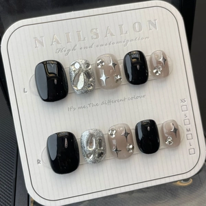 Handgefertigte Smudge Black Press On Nägel Mit Silber Stern Strass Süße Vintage Wiederverwendbare Kurze Rund Quadratisch Nägel