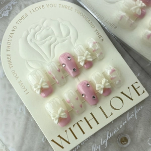 Handmade Sweet Princess Pink Press On Nails With 3D Bowknot And Heart Hand Painted Artificial Nails Rhinestone Nail Art Set