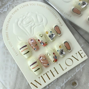 Hand-made Press-on Nails Heart Stripe Pattern Glossy Fake Nails With Rhinestone Sweet Spicy Girl Style Reusable Nails