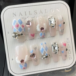Handmade Sweet Angel Wings Press On Nails With Rhinestone Heart Star Pattern Pink Blue Gradient Coffin False Nails Women Jewelry