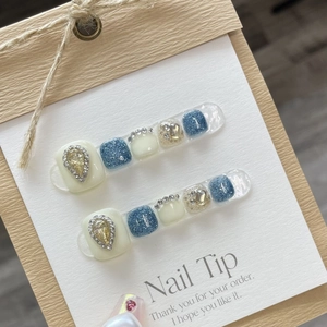Faux Ongles de Pieds Faits à la Main Blanc Yaourt Bleu Pailleté Goutte d'Eau Jaune Strass Style Français pour Femmes