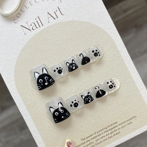 Handmade Totoro press-on toe nails with black cat art and silver glitter finish