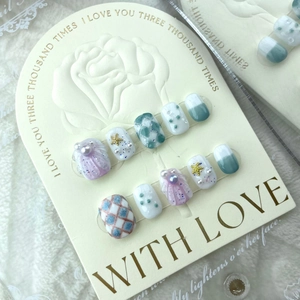 Handmade Press On Nails Ocean Shell Starfish Artificial Pearl Decor 10pcs Gradient Grid Pattern False Nails Set For Women Nail Art