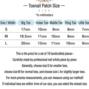 Size chart for handmade sequin toe press-on nails in small medium and large dimensions