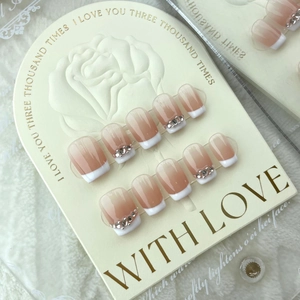 French Gradient Rhinestone Press On Nails Handmade Squoval Nude Cream White Elegant Minimalist Nail Art For Women