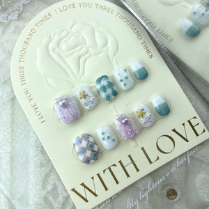 Handmade press-on nails set with ocean starfish, pearls, and blue checkered patterns