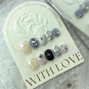 Handmade Press On Nails Star Ice Cream Creamy Blue Yellow Heart Rhinestone Decor Sweet Cool Glossy Fake Nails For Women