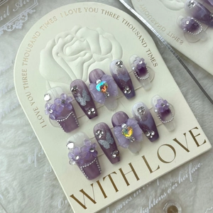 Handmade Press On Nails Purple Gradient Butterfly Iris Rhinestone Long Coffin Fairy Style Reusable False Nails For Women