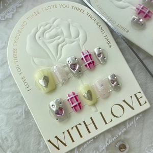 Handmade Press On Nails Kit Sweet Heart Star Gingham Design Short Square Fake Nails With Rhinestones For Women Daily Decor