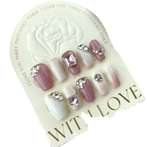 Pink and white gradient long coffin press-on nails with luxury square and heart rhinestones
