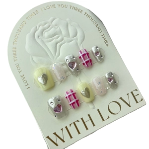 Handmade press-on nails set with silver chrome, pink hearts and glitter patterns
