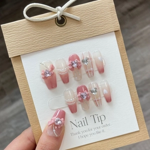 Faux Ongles Faits Main Carreaux Roses Avec Nœud 3D Cœur Strass Künstliche Perle Décoration Doux Ballerine pour Femmes
