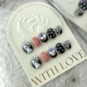 Handmade Black Press On Nails Short Gradient Heart Star Rhinestone Luxury Gorgeous Fake Nails For Women With Tools