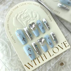 Handmade Blue Heart Press On Nails Sea Salt Starburst Y2K Style Rhinestone Star Decor Full Cover Fake Nails For Women