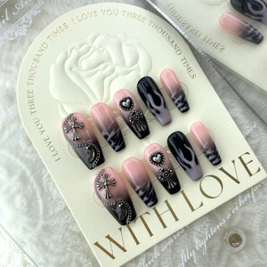 Gothic pink and black gradient press-on nails with silver heart and flame patterns