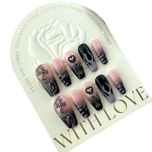 Pink and black gradient flame press-on nails with 3D gothic silver cross and heart charms