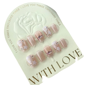 Coffret de faux ongles œil de chat roses avec paillettes, étoiles et strass 3D brillants