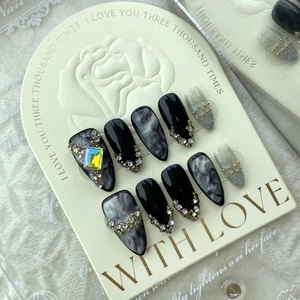Handmade Press On Nails Dark Smudge Gothic Style Black Marble Almond Shape Reusable Fake Nails With Rhinestones For Women